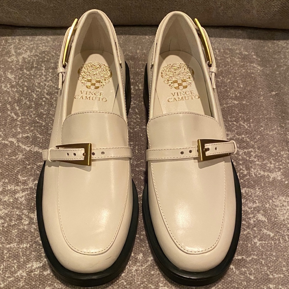 Vince Camuto Cream Loafers with Gold Buckle - Picture 3 of 8